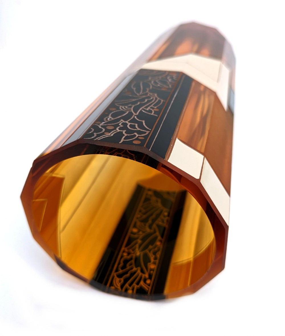Art Deco Large Czech Amber Glass Vase By Karl Palda, c1930 View V
