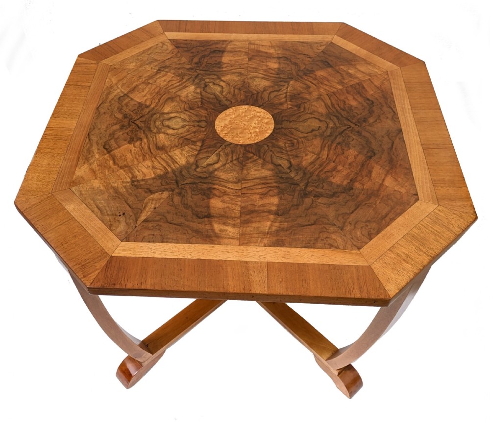 An octagonal 1930s Art Deco walnut nest of tables featuring quarter-matched burr walnut veneer top and four fitted triangular side tables. View II