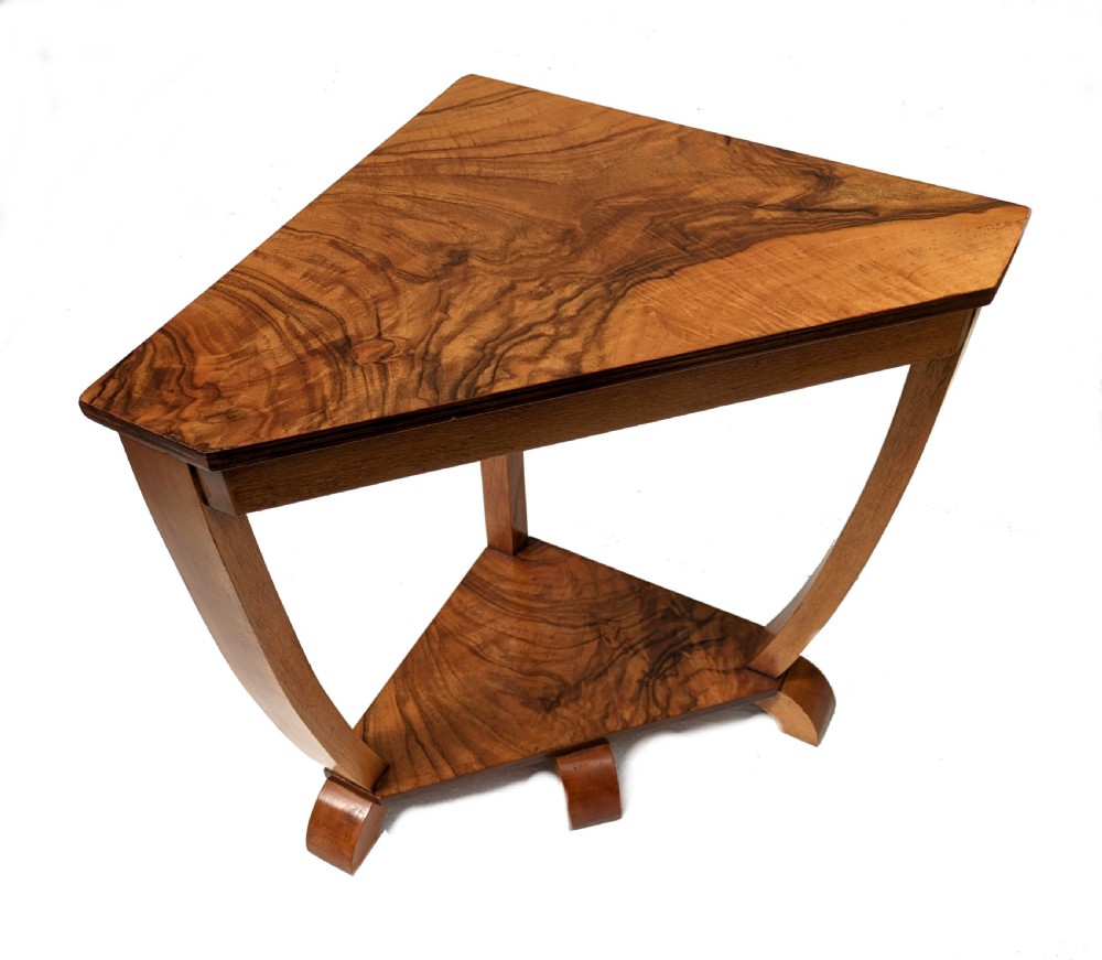 An octagonal 1930s Art Deco walnut nest of tables featuring quarter-matched burr walnut veneer top and four fitted triangular side tables. View III