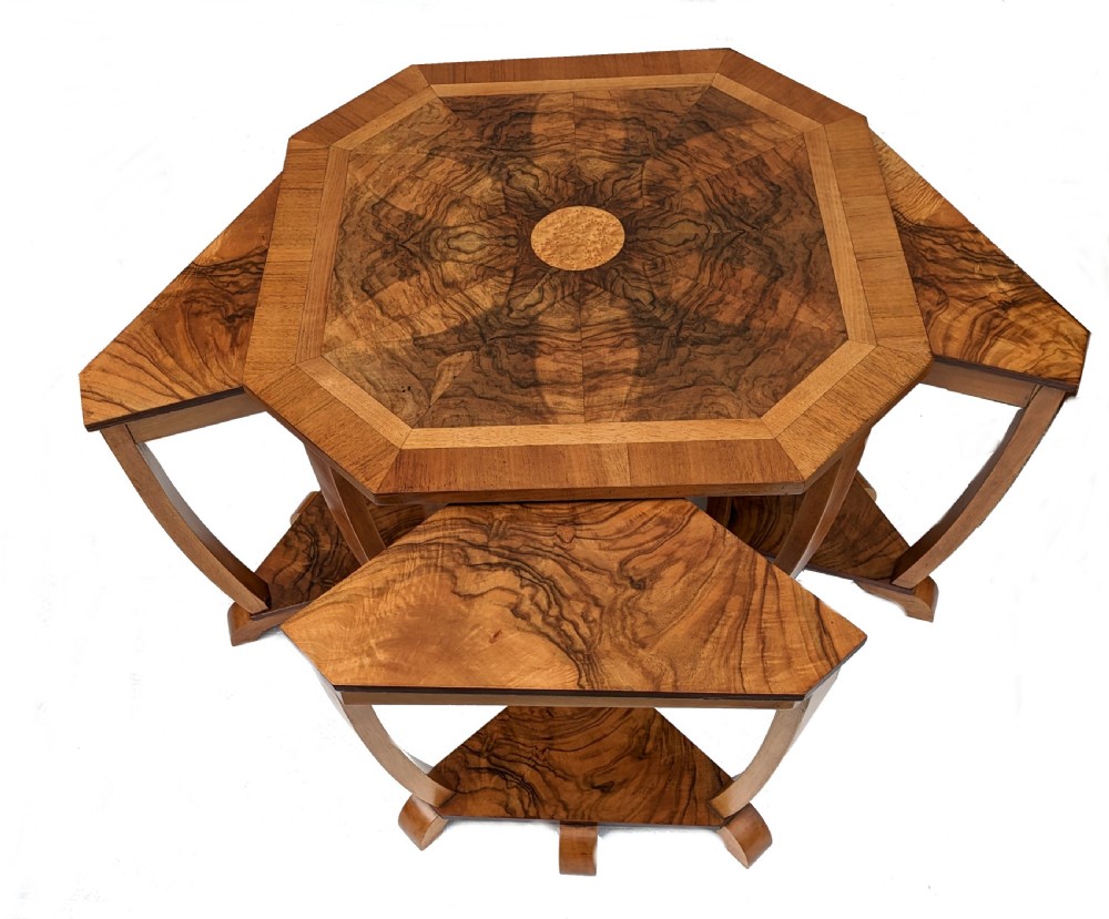 An octagonal 1930s Art Deco walnut nest of tables featuring quarter-matched burr walnut veneer top and four fitted triangular side tables. View IV