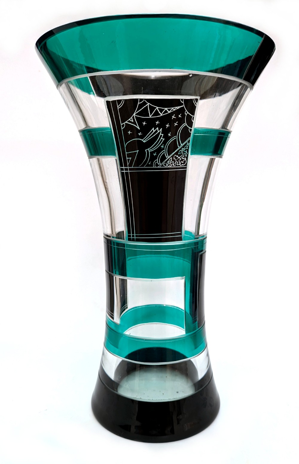 Art Deco Tall Geometric Enamel Decorated Glass Vase