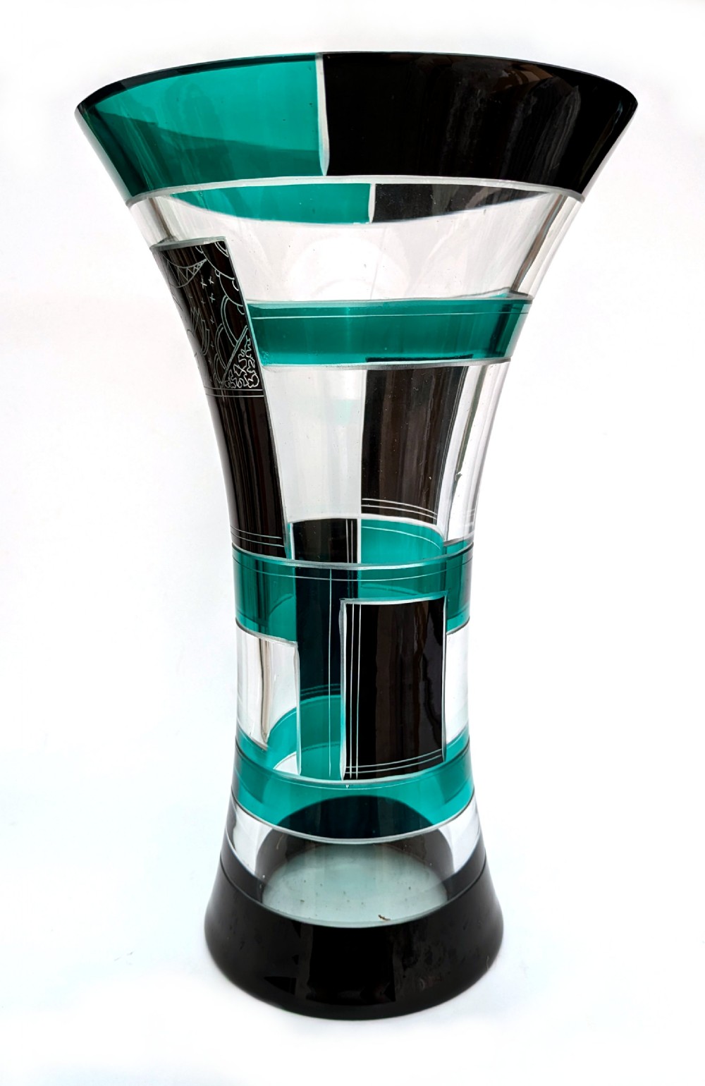 Art Deco Tall Geometric Enamel Decorated Glass Vase View II