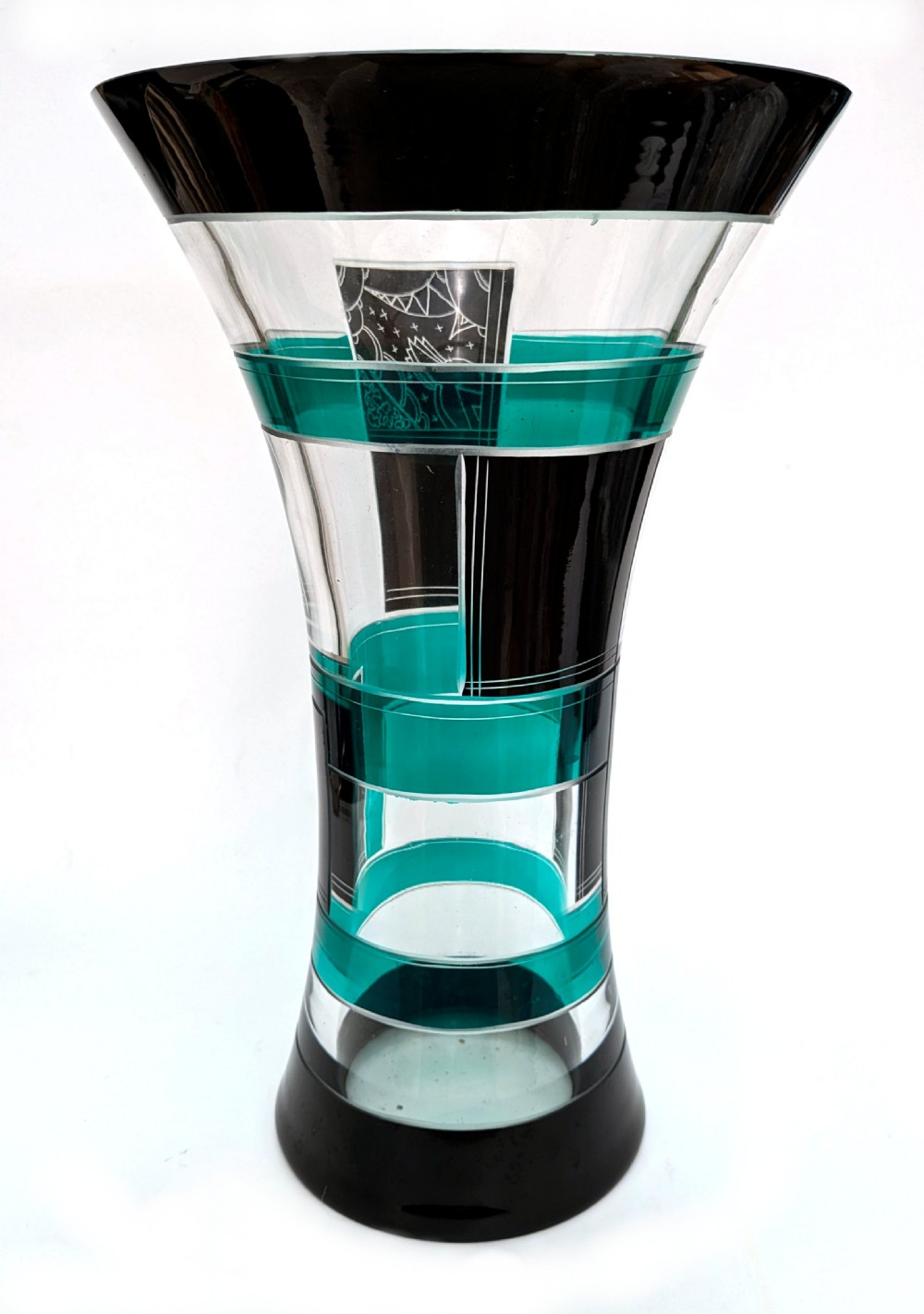 Art Deco Tall Geometric Enamel Decorated Glass Vase View III