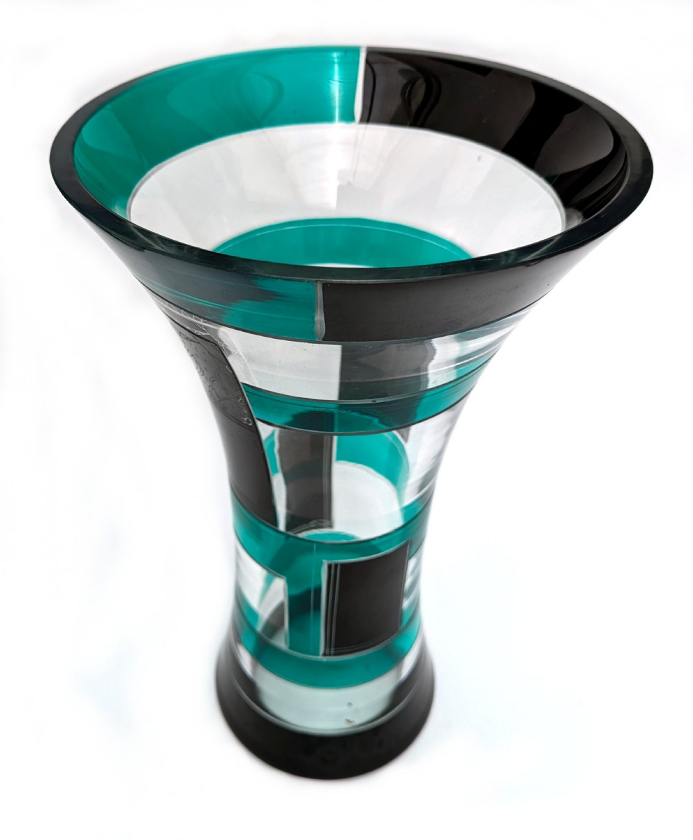 Art Deco Tall Geometric Enamel Decorated Glass Vase View IV