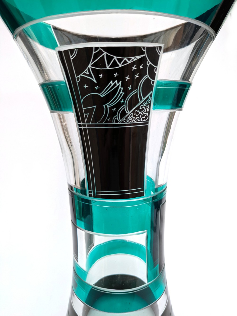 Art Deco Tall Geometric Enamel Decorated Glass Vase View V