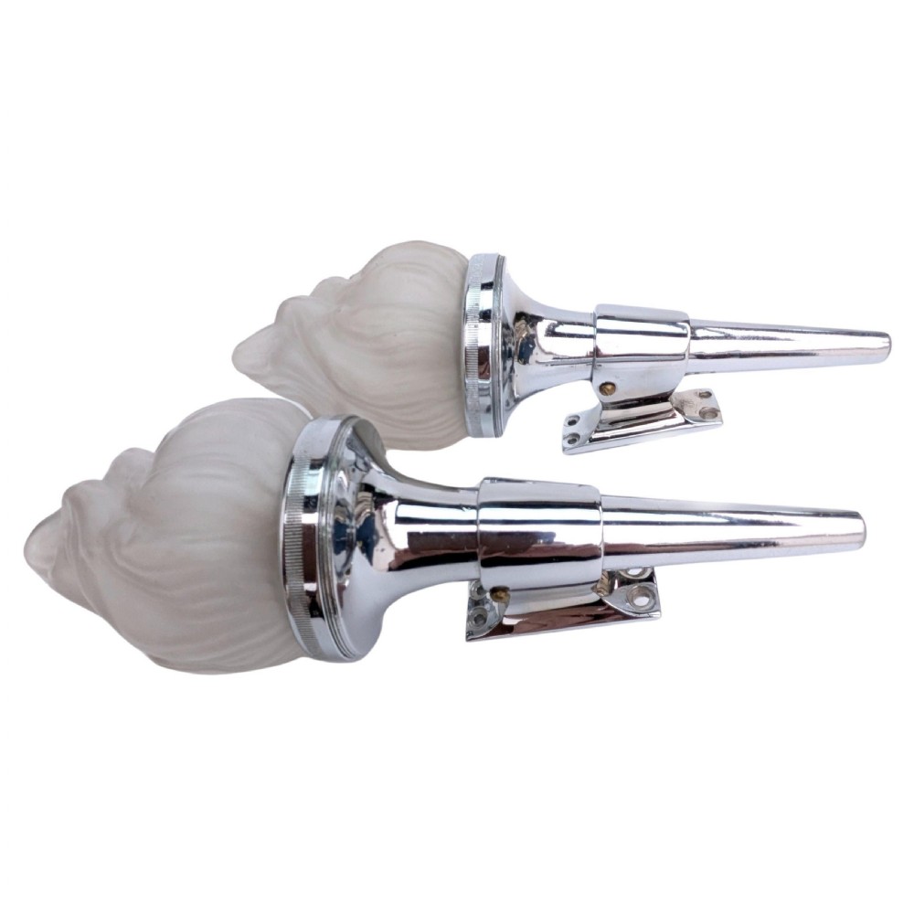 A matching pair of 1930s Art Deco wall lights featuring polished chrome torch-shaped mounts and flame-moulded frosted glass shades. View III