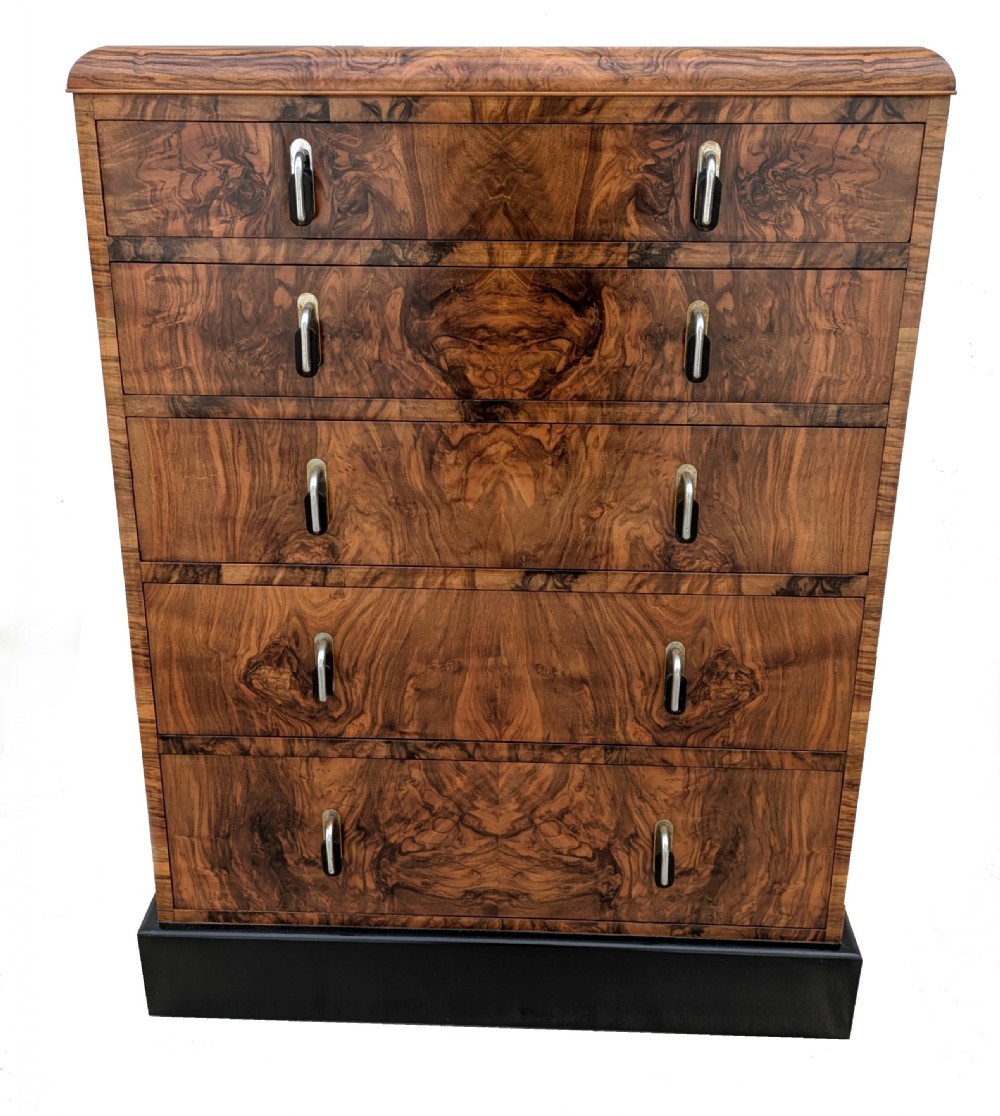 Art Deco 1930's Figured Walnut Chest of Five Drawers