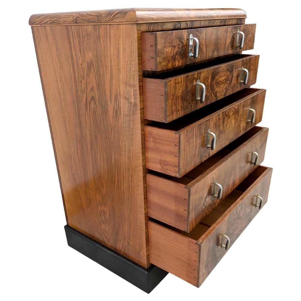 Art Deco 1930's Figured Walnut Chest of Five Drawers View V