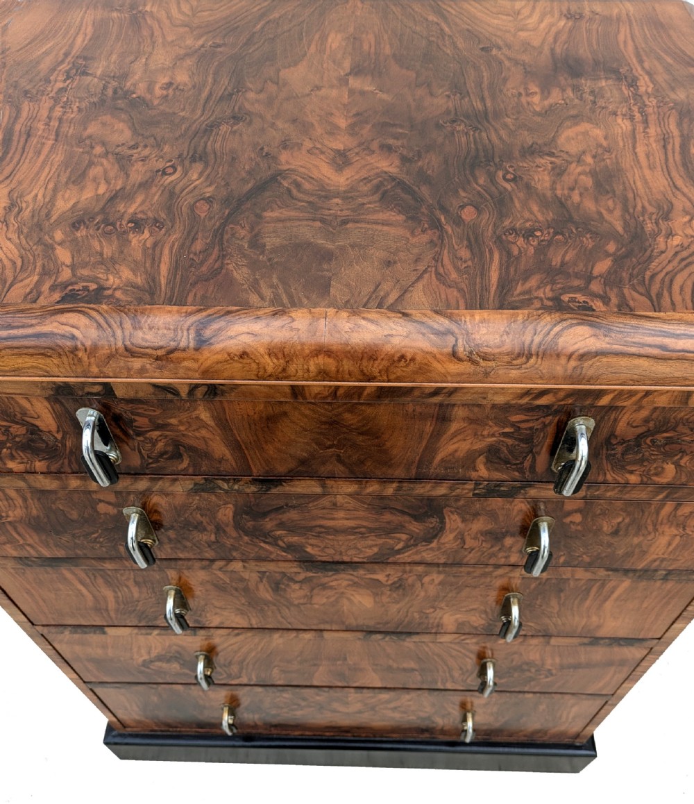 Art Deco 1930's Figured Walnut Chest of Five Drawers View VI