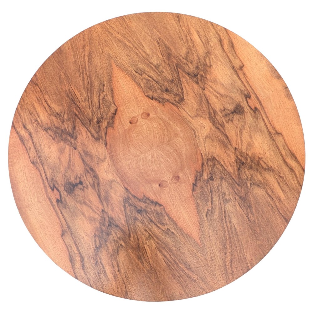 An Art Deco circular walnut occasional table featuring three tiers and angled wooden supports, showing rich grain patterns. View III