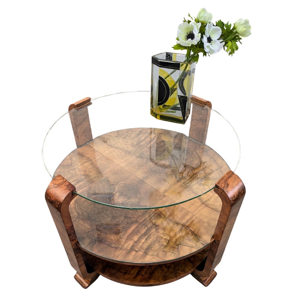 Art Deco Walnut & Glass Occasional Coffee Table, English, c1930 View V