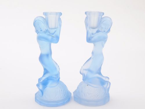 Pair of Art Deco Blue Glass Candlesticks, Circa 1930