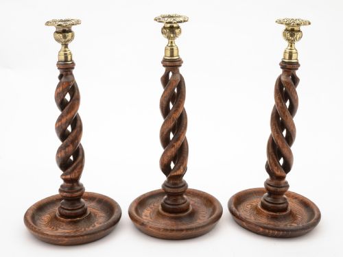 Trio of Oak Open Barley Twist Candlesticks, Circa 1920