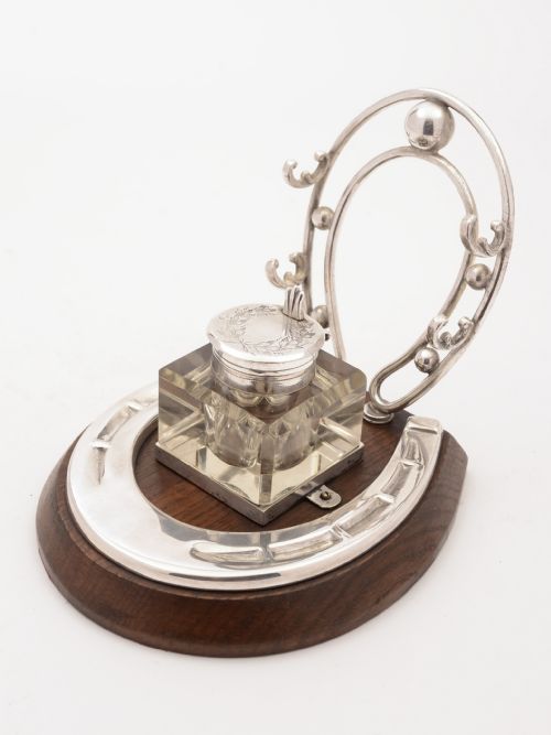 Oak and Silver Plated Horseshoe Ink Stand, Circa 1905