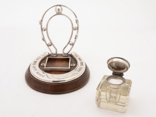 fig 1. Oak and Silver Plated Horseshoe Ink Stand, Circa 1905