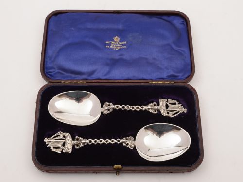 Cased Pair of Dutch Silver Serving Spoons, Circa 1900