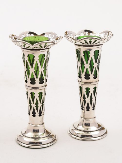 Pair of Silver and Green Glass Vases, Birmingham 1911