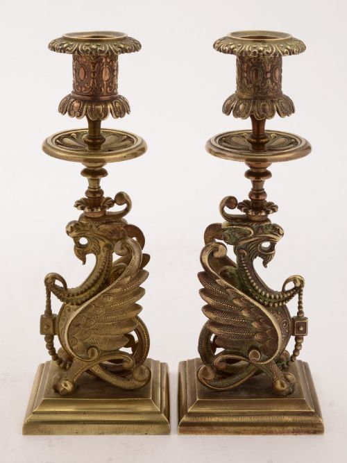 Pair of French Brass Griffin Candlesticks, Circa 1900