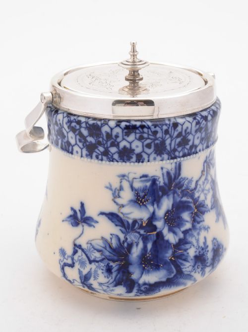 Superb Victorian Flow Blue China Biscuit Box, 1895