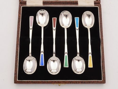 Beautiful Art Deco Silver and Enamel Spoons, Sheffield 1935