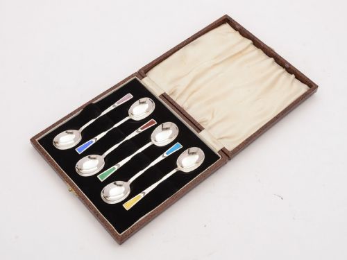 fig 1. Beautiful Art Deco Silver and Enamel Spoons, Sheffield 1935