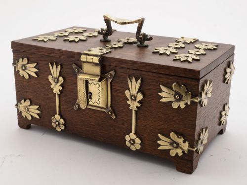 Stunning Victorian Oak and Brass Cigar Box, Circa 1890