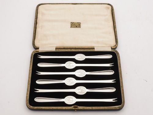 Lovely Cased Set of 6 Silver Plated Lobster Picks, Circa 1920