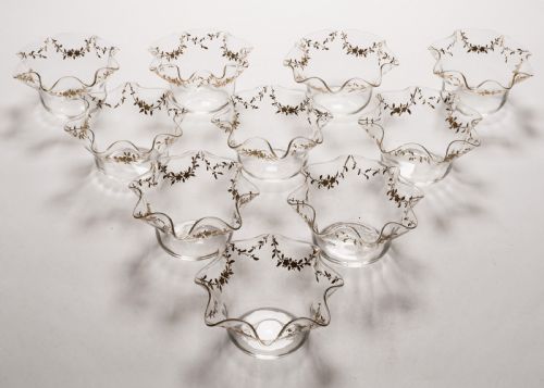 Gorgeous Set of 10 French Gilded Glass Bowls, Circa 1900