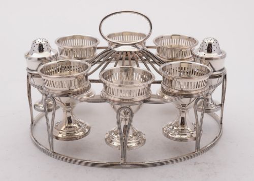 fig 1. Wonderful 8-Piece Sheffield Plated Egg Cruet, Circa 1840