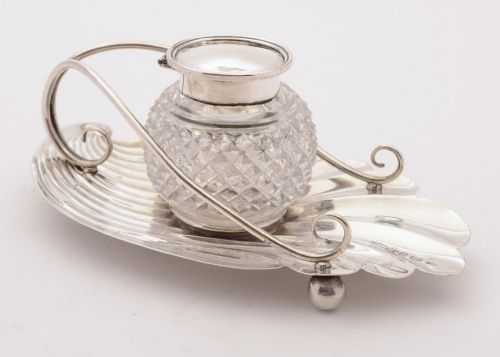 Pretty Victorian Silver and Glass Ink Pot, Birmingham 1899
