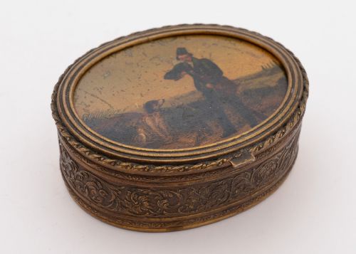 Lovely French Brass Oval Painted Trinket Box, Circa 1900