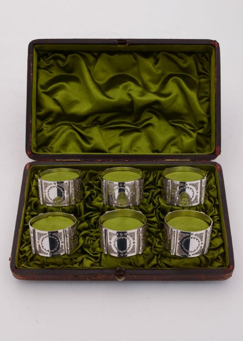 Fabulous Cased Set of 6 Napkin Rings, Circa 1890