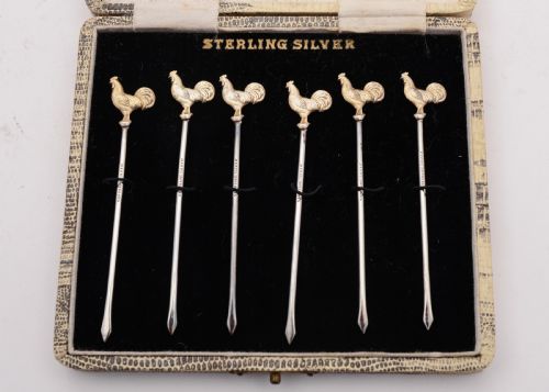fig 1. Nice Boxed Set of 6 Sterling Silver Cocktail Sticks, Circa 1930