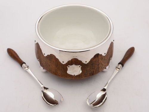 Gorgeous Oak and Silver Plated Salad Bowl, Circa 1905