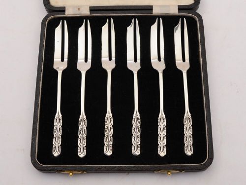 Gorgeous Set of 6 English Liberty & Co Silver Cake Forks, 1938