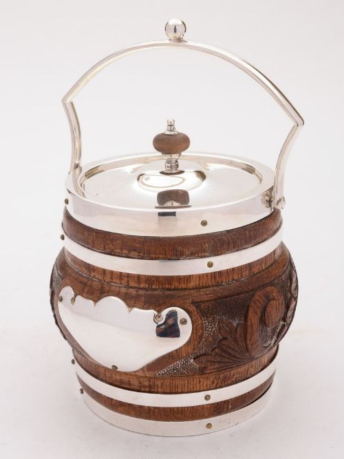 Gorgeous Victorian Oak and Silver Plated Biscuit Barrel, Circa 1890