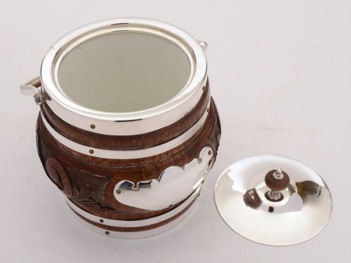 fig 1. Gorgeous Victorian Oak and Silver Plated Biscuit Barrel, Circa 1890