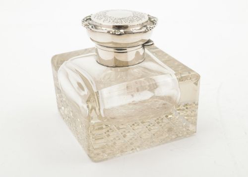 Good Large Edwardian Silver Topped  Ink Pot - Birmingham 1905