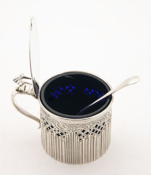 fig 1. Fabulous Drum Shaped Silver Mustard Pot - Sheffield 1896