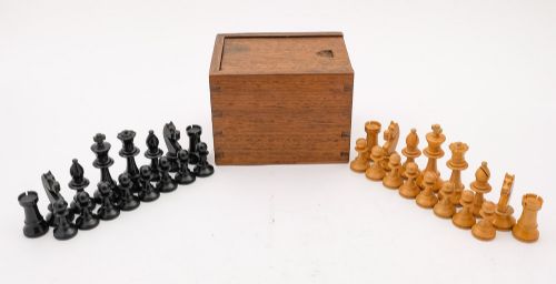 Good Oak Boxed Edwardian Chess Set, Circa 1905