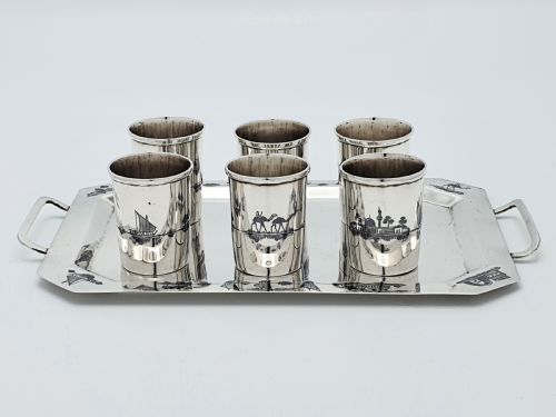 fig 1. Fabulous Middle Eastern Silver set of cups on tray – circa 1920