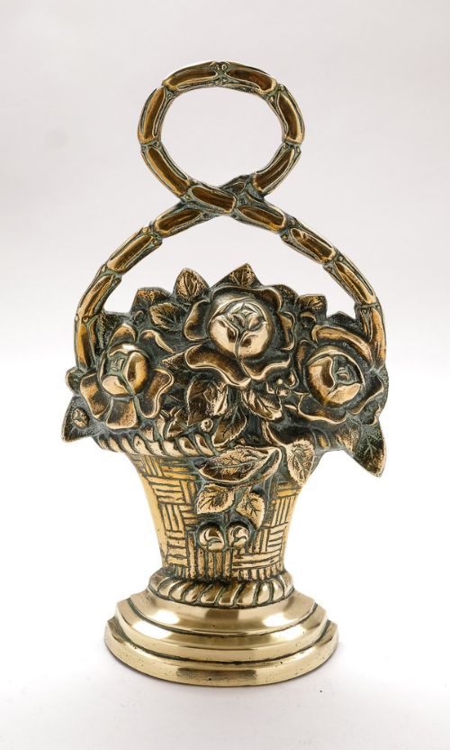 Victorian Antique Flower Basket Brass Door Stop – Door Porter – Circa 1890
