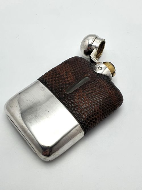fig 1. Handsome English Antique Silver Plate and Leather Hip Flask - circa 1920