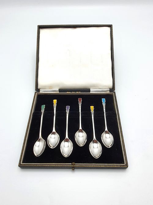 Pretty Silver and Coloured Enamelled Art Deco Teaspoons - 1938