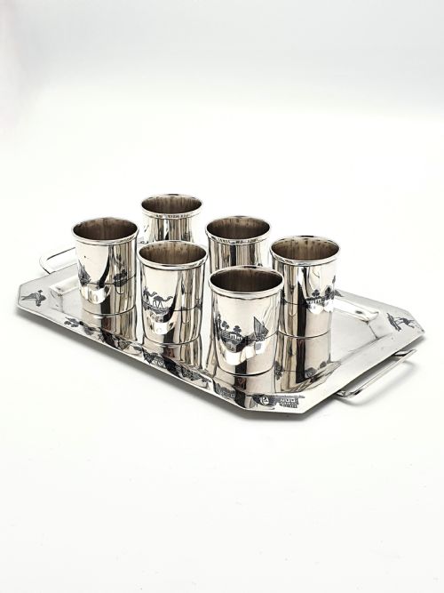 Fabulous Middle Eastern Silver Set of Cups on Tray – Circa 1920