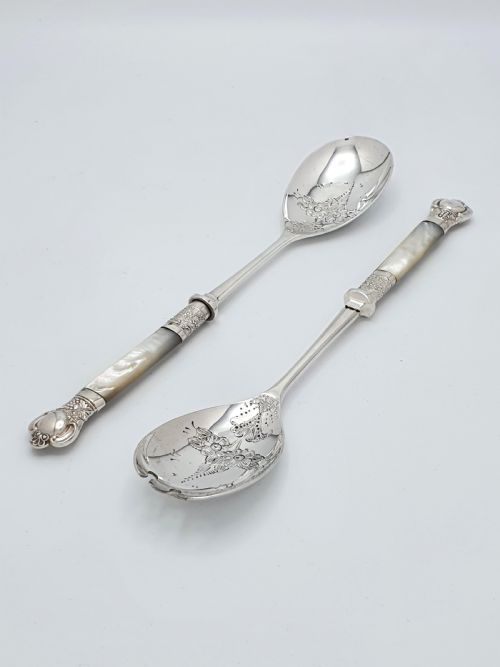 Superb Pair of Mother of Pearl Handled Salad Servers – Circa 1920