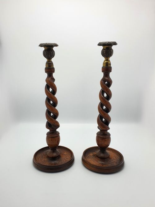 Lovely Pair of Oak Open Barley Twist Candlesticks - Circa 1920