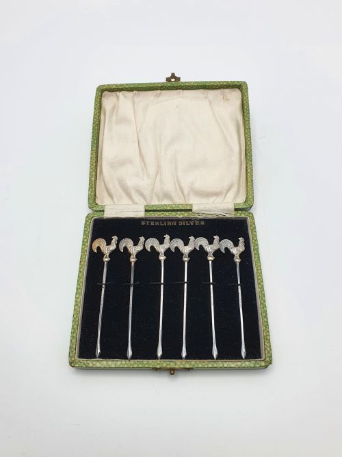 Nice Boxed Set of 6 Sterling Silver Cocktail Sticks - Circa 1930