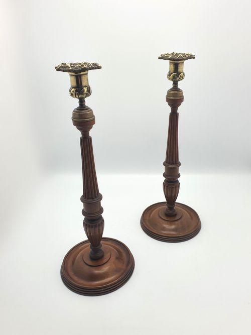 fig 1. Superb Pair of Georgian Style Mahogany and Brass Candlesticks – circa 1920