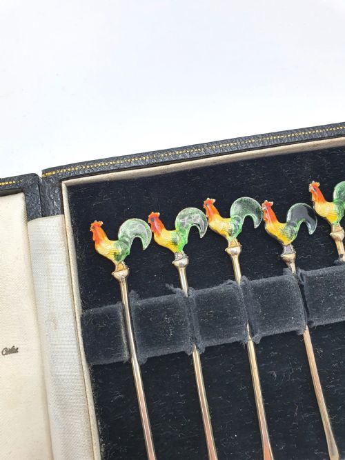 fig 1. Beautiful Set of Enamelled and Silver Cocktail Sticks – circa 1930